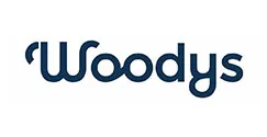 The Woodys brand logo in white background
