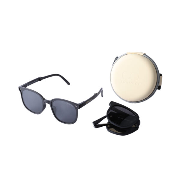 A pair of sunglasses and a round case