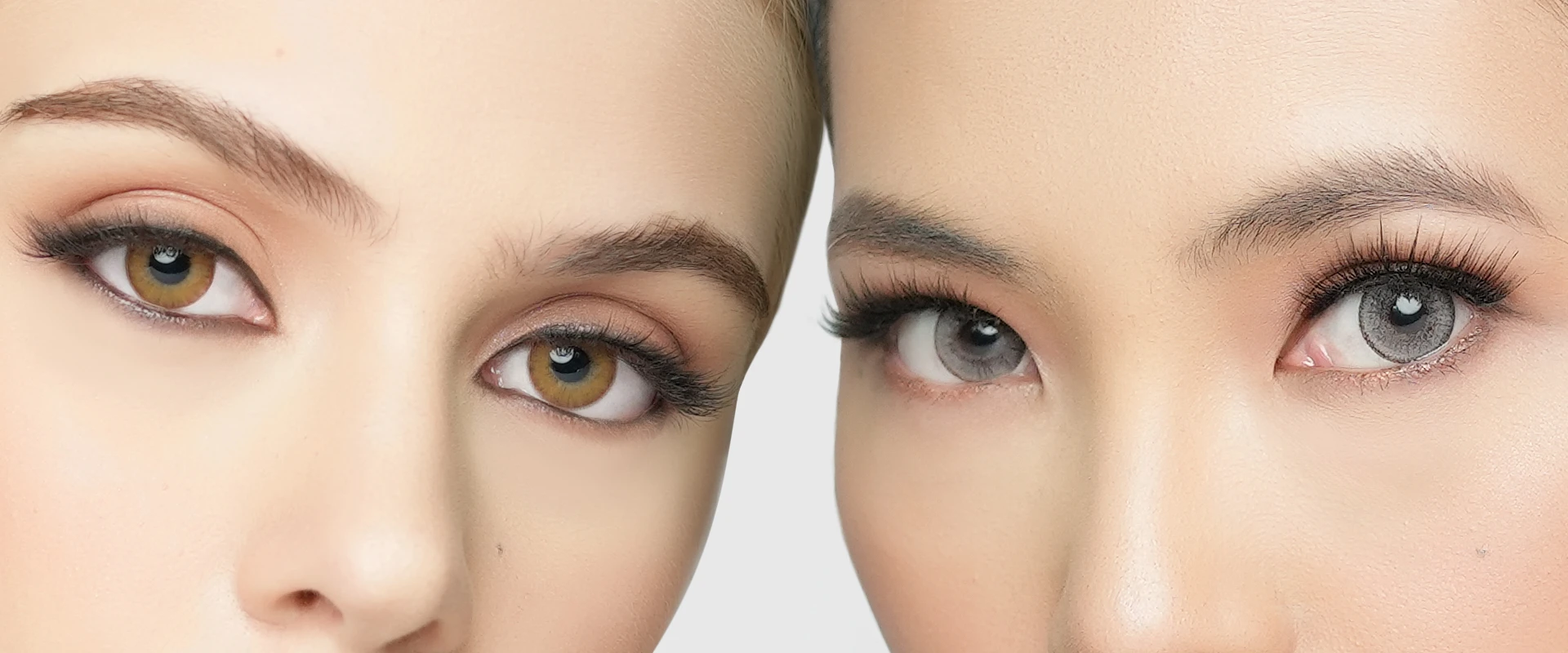 Close-up shots of two women wearing brown and gray colored contact lenses.
